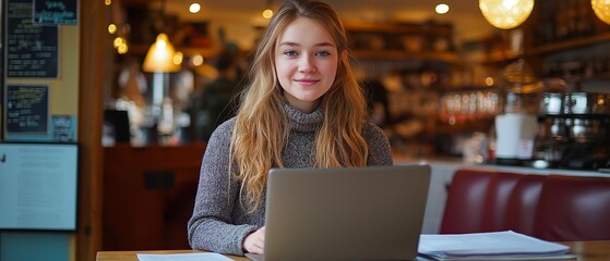 Wall Mural - A young lady working in a cafe while completing papers and using a laptop