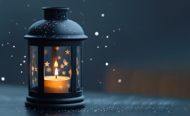 A black lantern with stars on it, a candle inside, and snowflakes in the glass. The background is a dark blue 