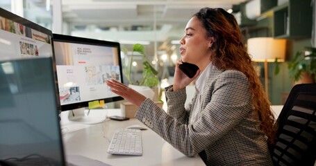Aufkleber - Computer, phone call and planning with business woman in office of advertising agency for magazine publication. Conversation, desk and update with African employee in creative workplace as editor