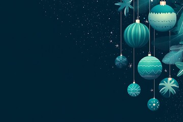 Wall Mural - Christmas background with snowflakes, fir branches, and red ornaments on a dark blue tabletop view 