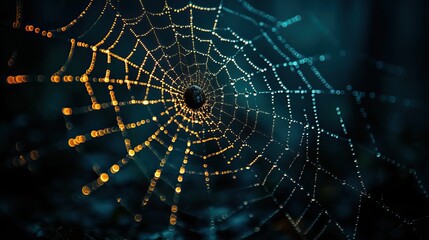 A creepy spider web with water droplets shining on a dark background, perfect for a Halloween-themed design concept for posters, banners, or greeting cards.