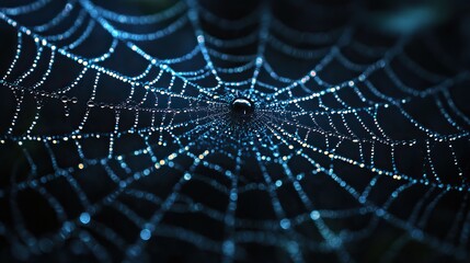 A creepy spider web with water droplets shining on a dark background, perfect for a Halloween-themed design concept for posters, banners, or greeting cards.