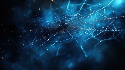A creepy spider web with water droplets shining on a dark background, perfect for a Halloween-themed design concept for posters, banners, or greeting cards.