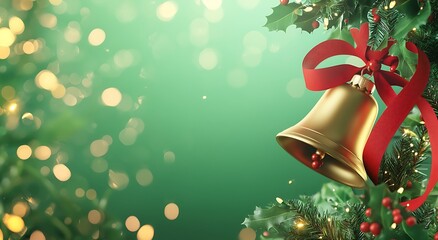 Wall Mural - Golden Christmas Bells with Red Bow on Green Background for Christmas Greeting Card or Banner Design. Illustration of golden bells tied to a red ribbon and green holly hanging from evergreen tree 