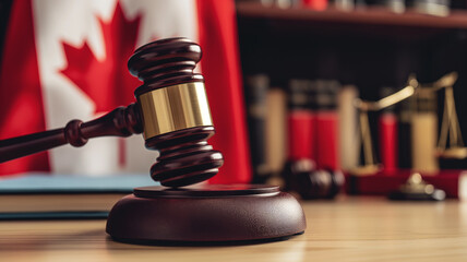 Law and justice concept. Canadian flag standing at blurred angle behind judge's gavel standing on table. Background representing the Canadian legal system.