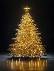 Wall Mural - A sparkling golden Christmas tree adorned with a star, radiating warmth and magic against a sleek black background