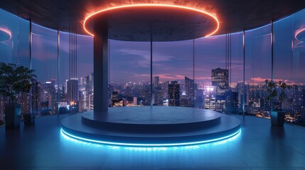 empty platform in a futuristic building with a city skyline view at night.