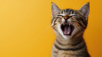  A fierce tabby cat hissing with its mouth wide open on a bright background, perfect for Halloween-themed designs or pet-related promotions.
