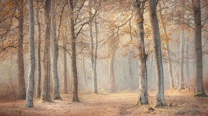 Wall Mural - A serene autumn forest with tall trees and a misty atmosphere during early morning light