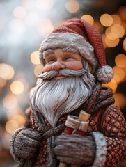 Poster - Santa Claus with warm bokeh lights in the background. Perfect for creating a cozy holiday atmosphere.