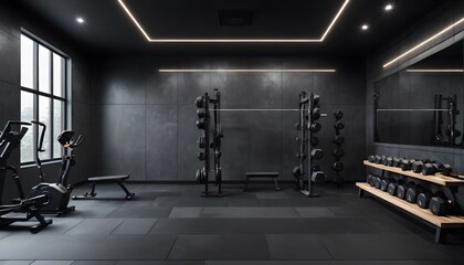 Modern gym interior with weights and exercise equipment.