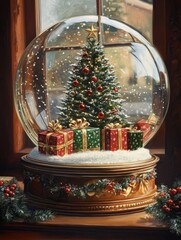 Wall Mural - A Christmas Tree and Presents Inside a Snow Globe