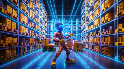 Futuristic robot in a high-tech warehouse