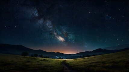 Wall Mural - mystical starry milky way illuminating a serene landscape. twinkling stars dark sky, mesmerizing & t