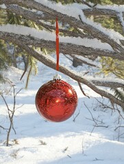 Wall Mural - a red christmas ornament hanging from a tree branch in the snow, ai