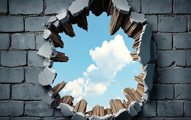 Wall Mural - breaking barriers a dramatic perspective of a wall with a hole exposing a bright sky and clouds beyo