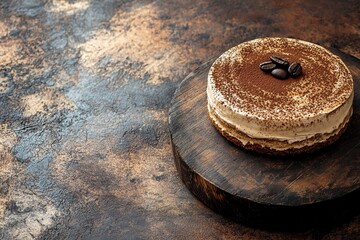 Creative food concept. Traditional italian dessert Tiramisu pastry cake with mascarpone cream and flavoured with cocoa powder and coffee bean on brown rustic background, generative ai