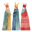 © chayantorn - Three regal figures wearing crowns and colorful robes, each displaying unique colors and styles, convey a whimsical theme of royalty.