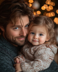 A man holding his daughter in his arms with a Christmas tree in the background, creating a bokeh effect, capturing a heartwarming family moment.