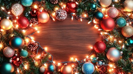 Wall Mural - create a festive christmas wallpaper background with ornaments and lights