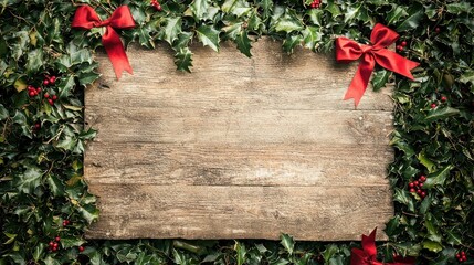 Wall Mural - create a festive christmas wallpaper background with a wooden sign and red bows