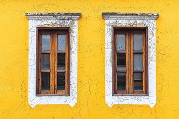 Wall Mural - Two wooden windows framed in white against a vibrant yellow wall, showcasing architectural detail and color contrast.