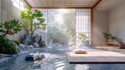 Wall Mural - A Japanese-inspired Zen garden room with tatami mats, bonsai trees, and shoji screens