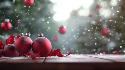 Wall Mural - create a festive christmas wallpaper background with ornaments and snow
