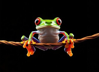 Wall Mural - Red-eyed tree frog perched on a branch with black background.