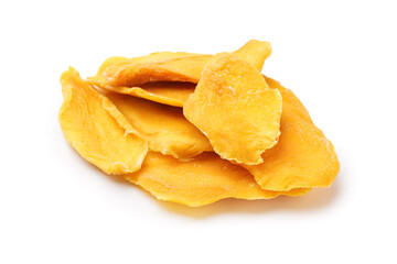 Wall Mural - Many slices of tasty dried mango on white background