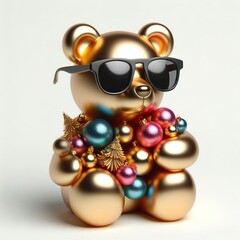 Wall Mural - 3d metallic cool bear with sunglasses with multi-colors Christmas baubles on a white background