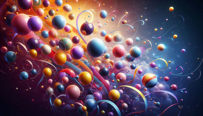 Canvas Print - A vibrant display of colorful balloons and ribbons floating joyfully against a dark background, symbolizing celebration and festive spirit