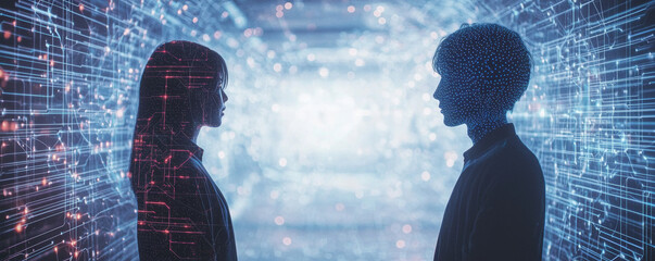 Wall Mural - human and ai powered holographic figure interact in digital space, showcasing fusion of technology a