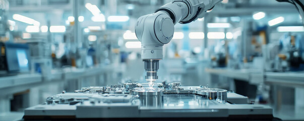 AI powered robotic arm assembling complex part in modern factory. scene showcases advanced technology and automation in manufacturing, highlighting precision and efficiency