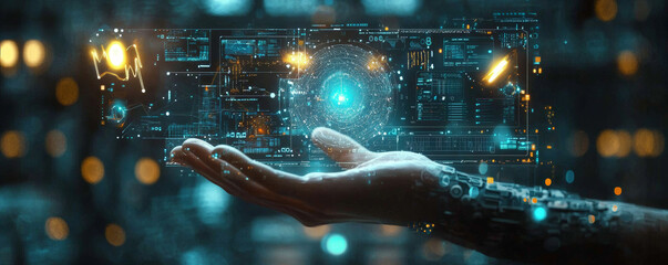 Wall Mural - futuristic hand holding holographic interface displaying data and technology. scene conveys sense of