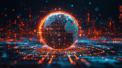 Wall Mural - glowing globe visualized with ai technology, showcasing digital world with vibrant orange and blue l