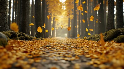 Wall Mural - Golden leaves dance through a serene forest path, capturing the essence of autumn, AI