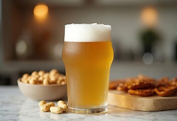 A glass of light golden-colored beer with a thick white foam head