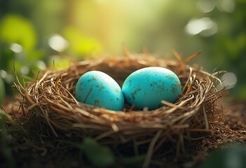 Two turquoise blue eggs in a nest made of twigs and straw