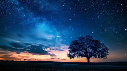 Night sky with stars  and tree with copy space.