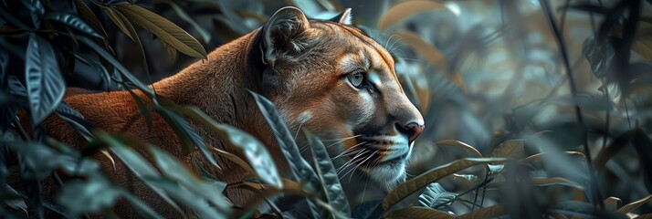 Digital art of an animal portrait profile of a mountain lion in the jungle