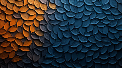 Aufkleber - Textured leaves in orange and blue create stunning abstract background. flowing organic patterns evoke sense of harmony and nature beauty