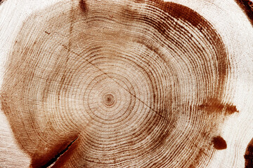 Wall Mural - Natural wooden background, wood texture annual rings form. Macro photo of cross section of juniper log with knot, graphic nature pattern. Sawed timber close up with tree ring pattern