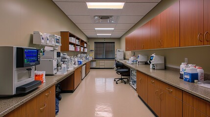 Poster - Explore the innovative design of a modern diagnostic testing facility with advanced medical equipment and efficient workspaces