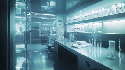 Poster - Explore the innovative design of a modern medical research facility interior featuring raytraced rendering techniques