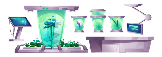 Futuristic spaceship lab interior object for game. Fantasy room inside ship station with cryogenic capsule and monitor panel for plant scientific research. Biotechnology bunker furniture design