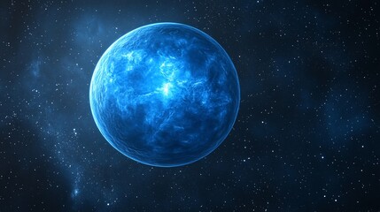 A blue planet with a bright white spot in the center surrounded by a dark blue nebula.
