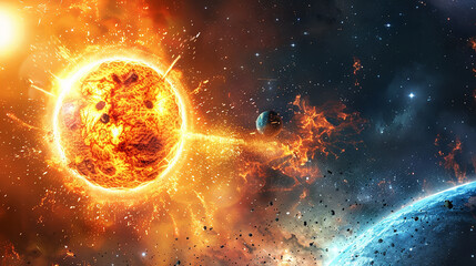 a fiery red sun erupts, spewing flames and energy towards a distant blue planet, leaving a trail of 