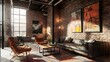 © Humanology - A chic, urban loft with industrial elements like exposed brick and steel, softened by plush furniture and bright artwork.