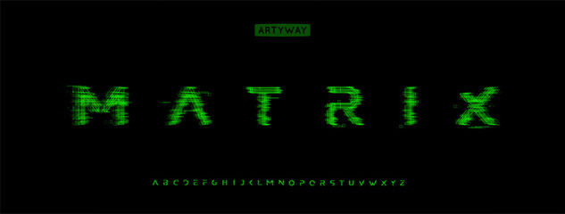 Fototapete - Cyber glitch alphabet, matrix effect letters, binary code pixelated font for retrofuturism logo, cyberpunk headlines, Y2K arcade title, data cyber security typography. Vector typeset.